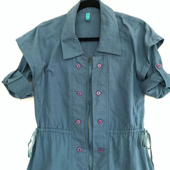 Uhma Steel Blue Small Cotton Collar 3/4 Tab Sleeve Full Front Zip Mini Dress - Picture 3 of 9